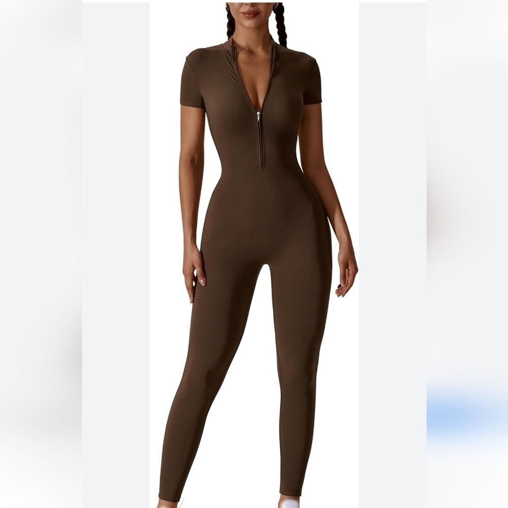 Love J Brown Ribbed Short Sleeve Jumpsuit